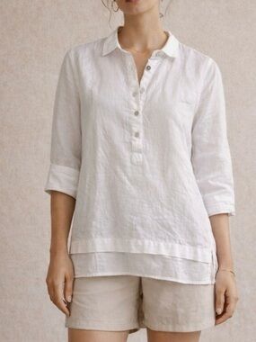 J. Jill White Linen Henley Tunic with Layered Hem 100% Cotton Top